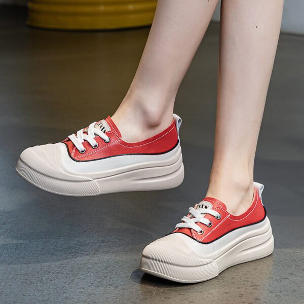 Genuine Leather Women's White Shoes Color Matching Lace-up Platform - Image 4