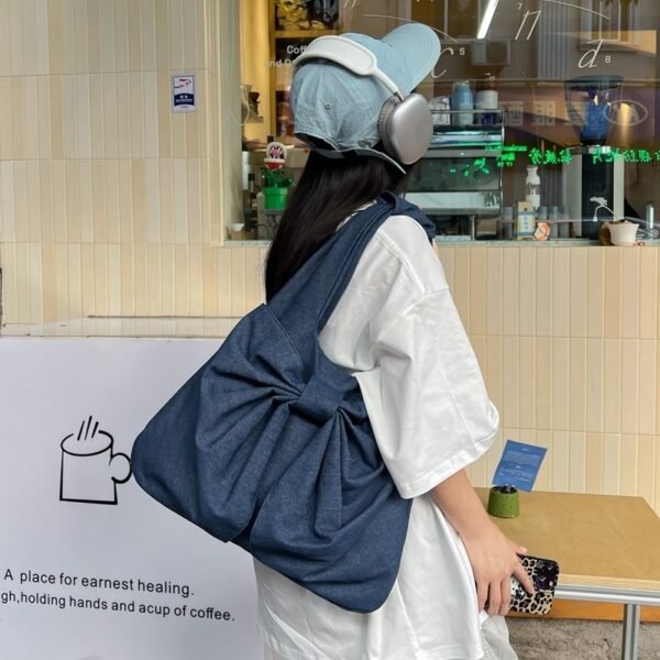 Large Capacity Bow Shoulder Underarm Tote Bag Washed Denim Canvas Bag - Image 3