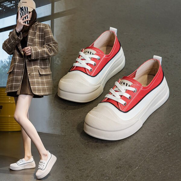 Genuine Leather Women's White Shoes Color Matching Lace-up Platform - Image 2