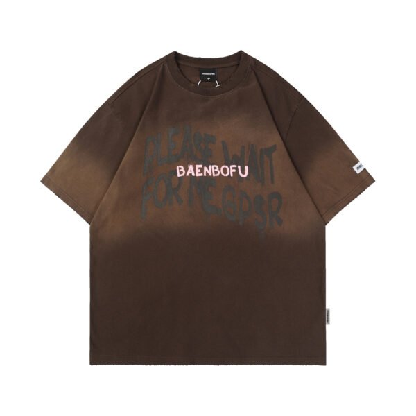 American Retro Washed Distressed Letters Graffiti Short Sleeve - Image 5