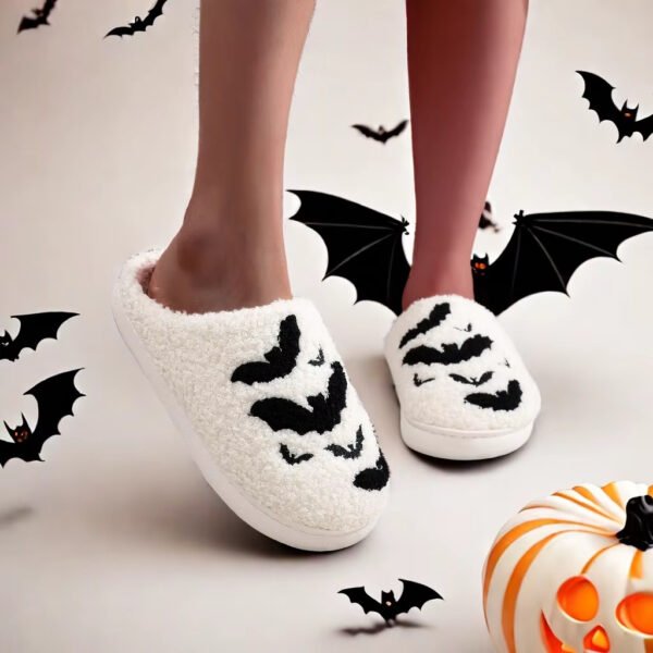 Bat Pattern Embroidery Stuffed Home Thick-soled Cozy Furry Cotton Slippers Halloween Christmas Slippers Checkered Scuff For Women And Men Holiday Indoor Bedroom Fluffy Warm Fleece Slippers - Image 8