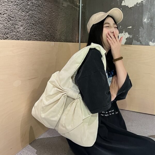 Large Capacity Bow Shoulder Underarm Tote Bag Washed Denim Canvas Bag - Image 4