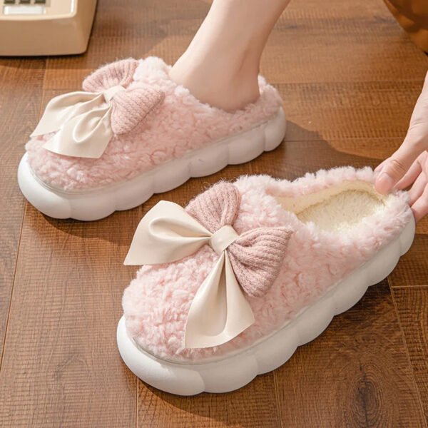 Winter Warm Fur Slippers For Women Cute Bow House Non Slip Soft Shoes Comfort Flat Heel Home Indoor Bedroom Plush Slippers - Image 7