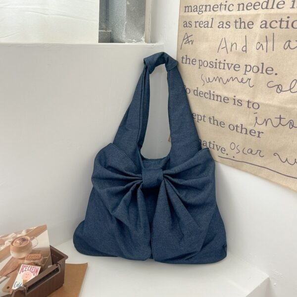 Large Capacity Bow Shoulder Underarm Tote Bag Washed Denim Canvas Bag - Image 9