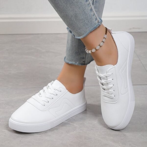 Round Toe Flat Bottom Lace Up Casual Comfortable White Shoes - Image 2