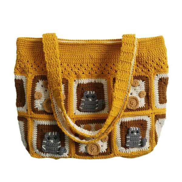 Kitten Handmade Wool Crocheted Square Shoulder Bag - Image 6