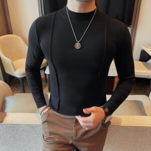 Solid Color Line Long Sleeve T-shirt Men's Round Neck T-shirt Bottoming Shirt