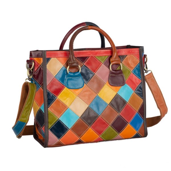Color Blocking Grid Oil Wax Splicing Hand-held Shoulder Crossbody Bag - Image 3