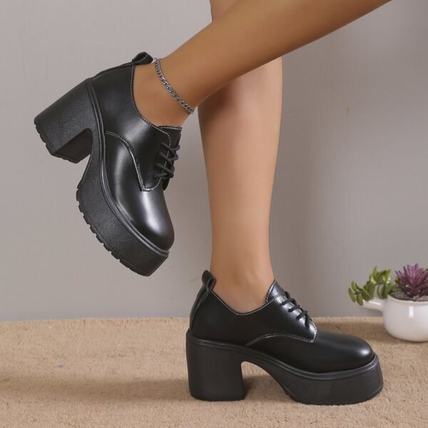Chunky Heel Lace-up High Heel Leisure Versatile Small Leather Shoes - Image 4