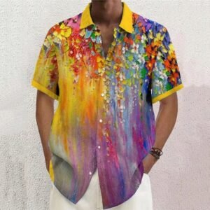 Men's Shirt Gradient Pattern Printing Fold Outdoor Casual Short Sleeve Linen Butterfly Shirt