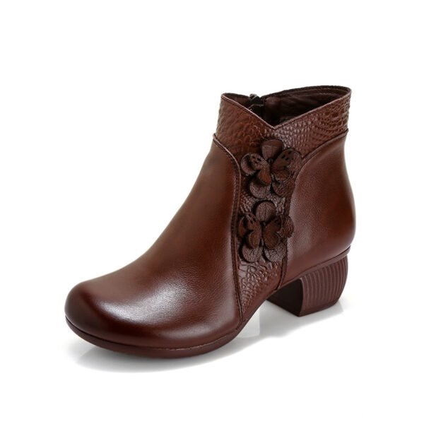 Soft Surface Cattlehide Leather Fashion Medium Chunky Heel Flower Martin Boots - Image 8