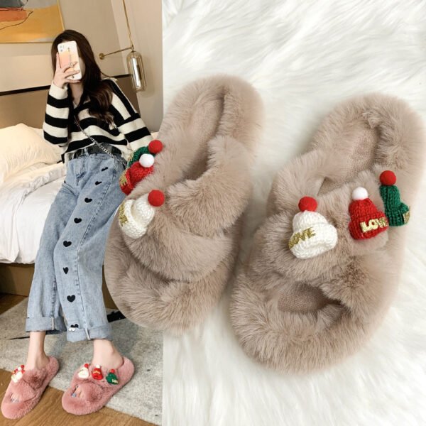 Christmas Hat Fluffy Slippers Women's Warm Toe Covering Cotton Slippers - Image 2