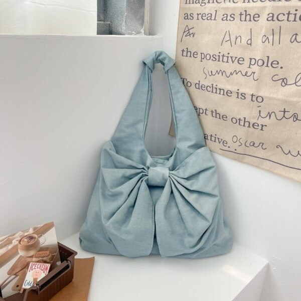 Large Capacity Bow Shoulder Underarm Tote Bag Washed Denim Canvas Bag - Image 2