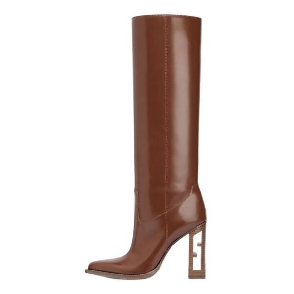 Square Toe Hollow-out Chunky Heel Cowhide Commuter Long Fashion Boots - Image 5