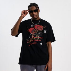 Street Rhinestone Rose Direct Injection Printing Drop Shoulder Loose Couple T-shirt