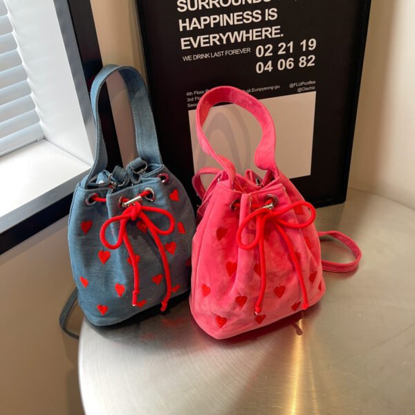 Embroidery Love Pull-belt Shoulder Messenger Textured Mini Bucket Bag - Image 6