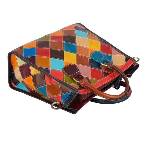 Color Blocking Grid Oil Wax Splicing Hand-held Shoulder Crossbody Bag - Image 4