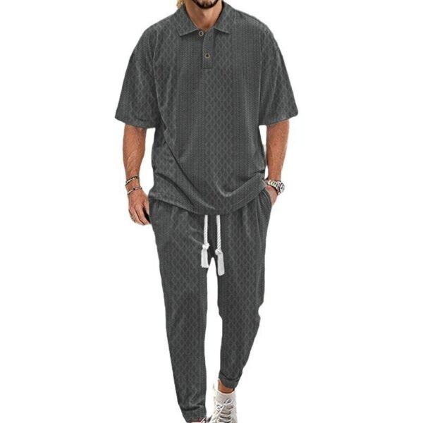 Solid Color Jacquard Heavy T-shirt Trousers Suit - Image 3