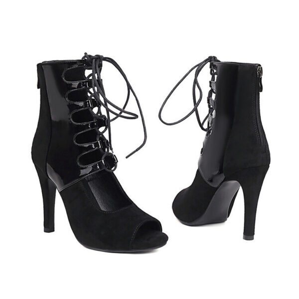 Suede Paint Leather Stitching Round Toe High Heel Sandal Boots - Image 6