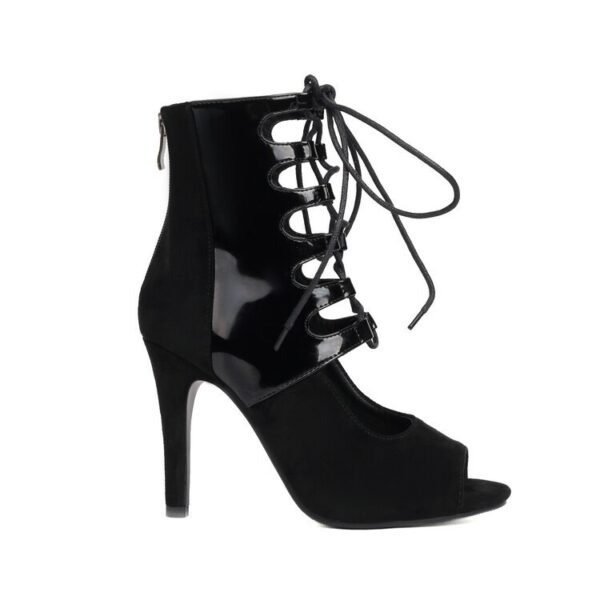 Suede Paint Leather Stitching Round Toe High Heel Sandal Boots - Image 5