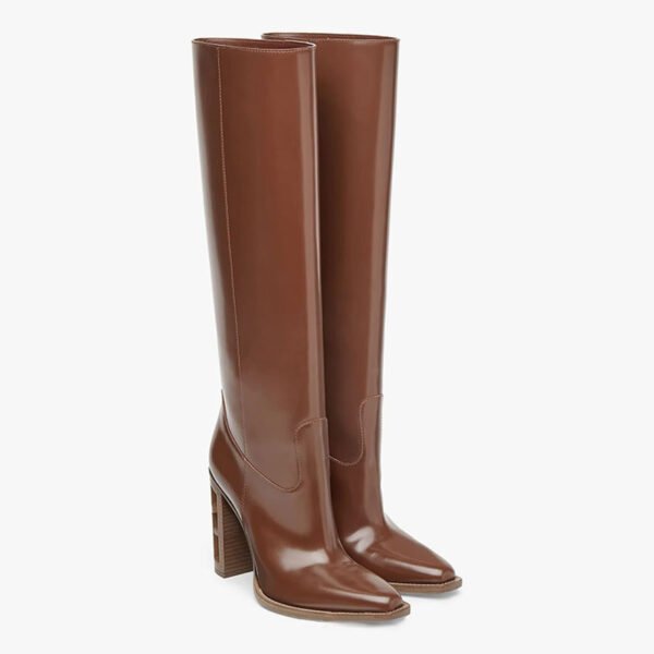 Square Toe Hollow-out Chunky Heel Cowhide Commuter Long Fashion Boots - Image 4