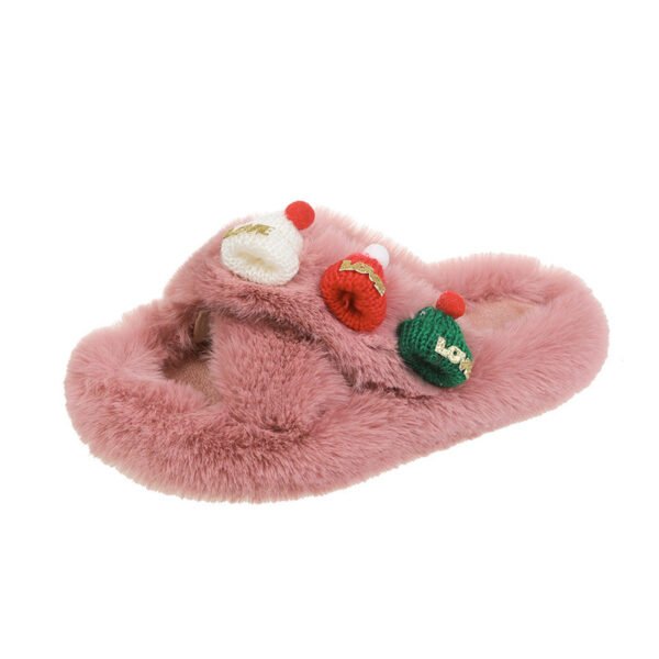Christmas Hat Fluffy Slippers Women's Warm Toe Covering Cotton Slippers - Image 5
