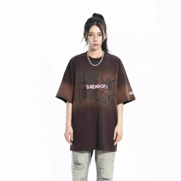 American Retro Washed Distressed Letters Graffiti Short Sleeve - Image 2
