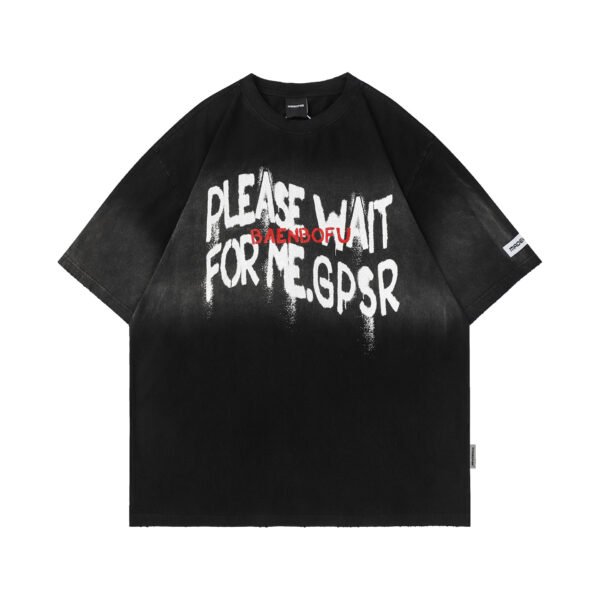 American Retro Washed Distressed Letters Graffiti Short Sleeve - Image 4