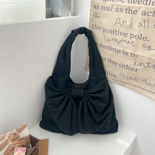 Large Capacity Bow Shoulder Underarm Tote Bag Washed Denim Canvas Bag - Image 6