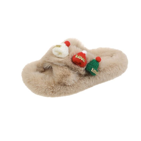 Christmas Hat Fluffy Slippers Women's Warm Toe Covering Cotton Slippers - Image 8