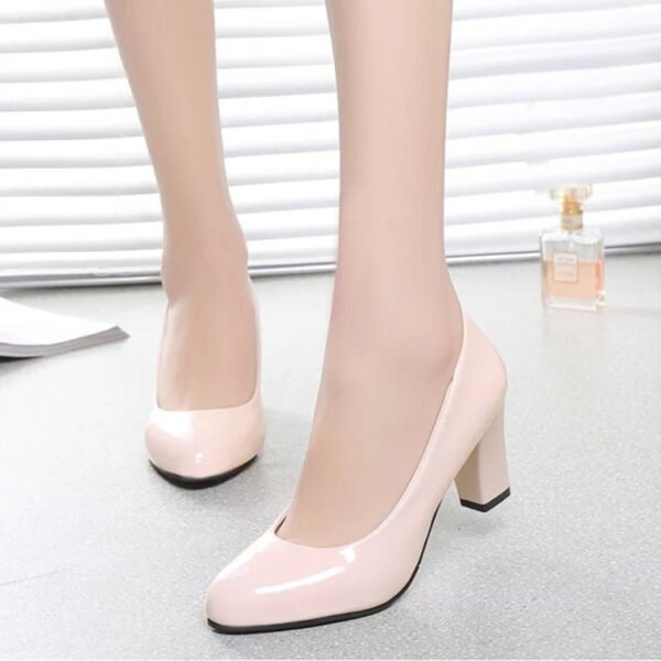 Women's Nude Color Chunky Heel Pointed High Heels - Image 3