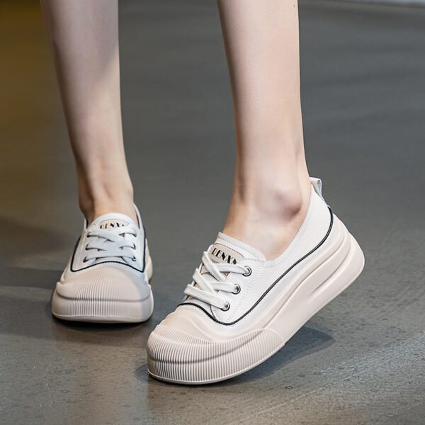 Genuine Leather Women's White Shoes Color Matching Lace-up Platform - Image 3