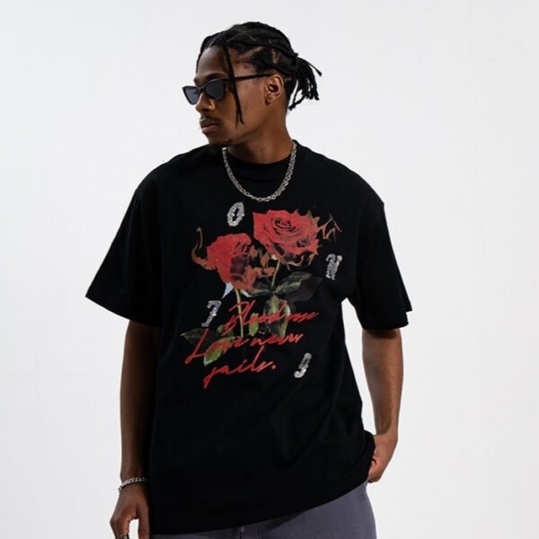 Street Rhinestone Rose Direct Injection Printing Drop Shoulder Loose Couple T-shirt - Image 3