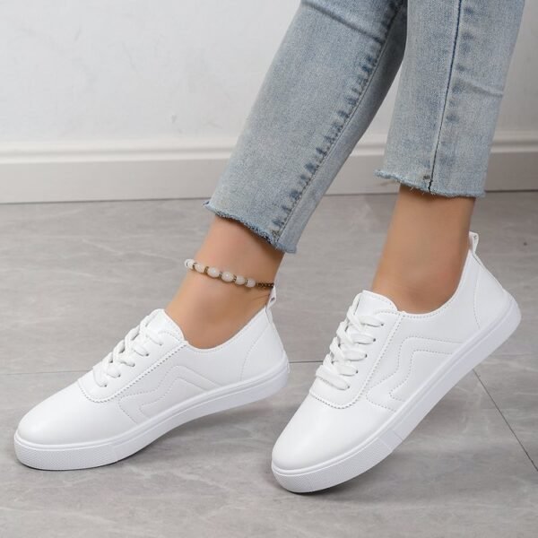 Round Toe Flat Bottom Lace Up Casual Comfortable White Shoes - Image 3