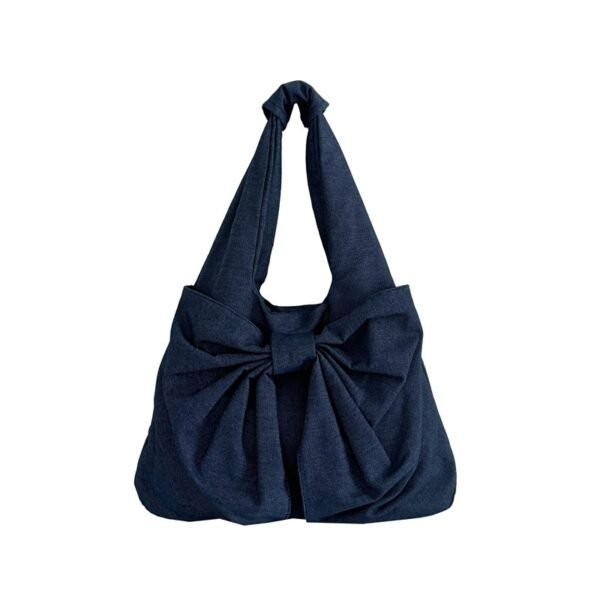 Large Capacity Bow Shoulder Underarm Tote Bag Washed Denim Canvas Bag - Image 5